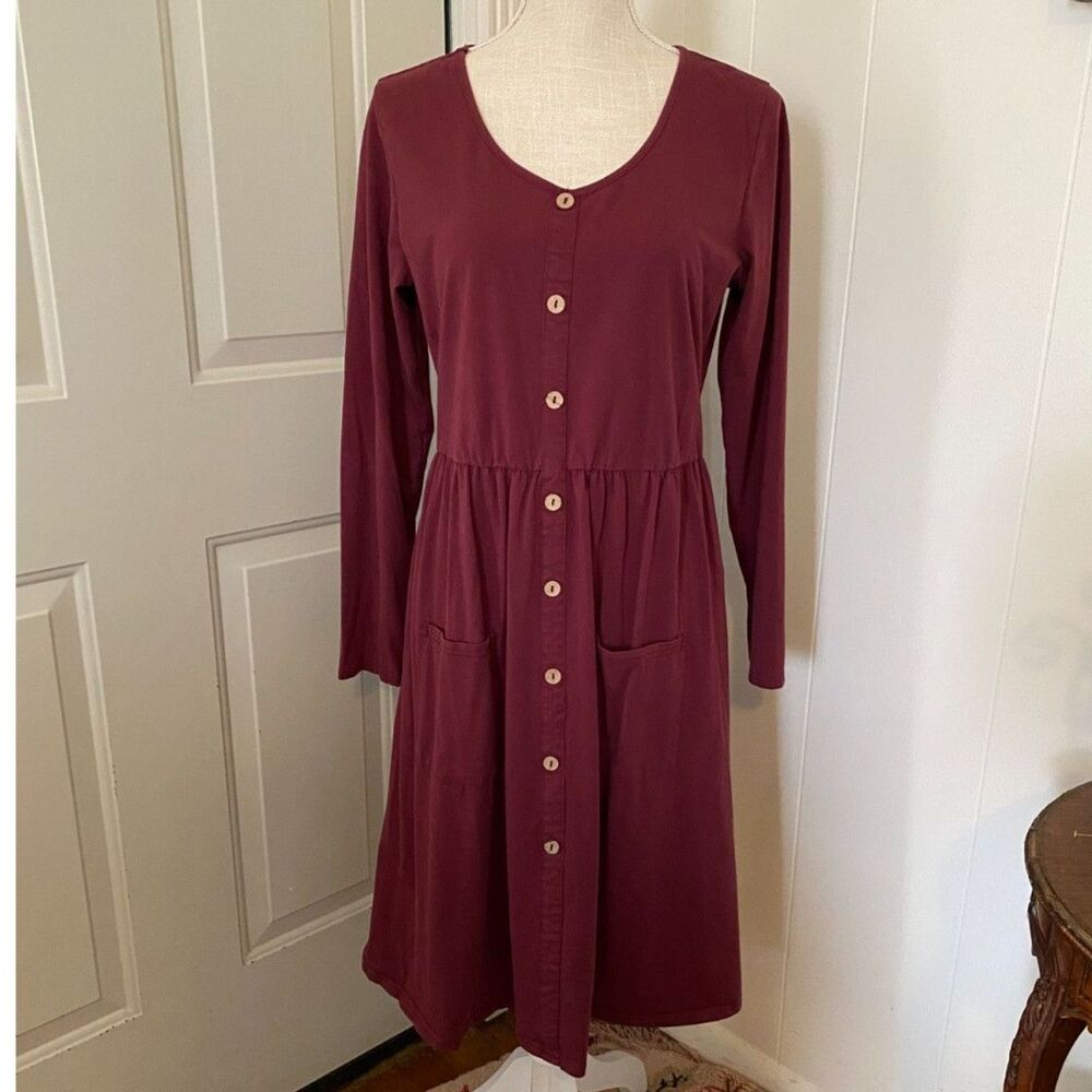 Lamilus Burgundy Long Sleeve Scoop Neck Faux Button Down Dress Size XL